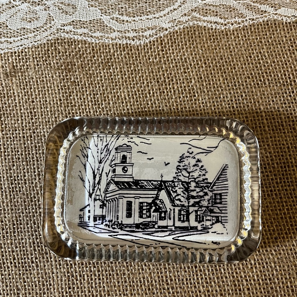 Small town church glass paperweight